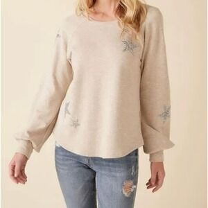 Karen Kane‎ Star Embellished Long Sleeve Top XS Beige Casual Cute Girly Comfy